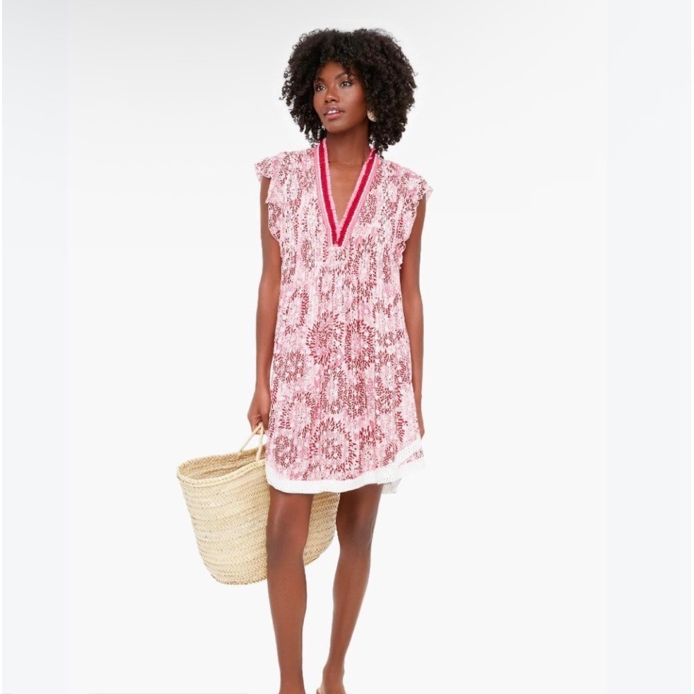 Poupette St. Barth Sasha Dress Pink Red Floral Pintuck Dress Small Boho Resort - Picture 1 of 9